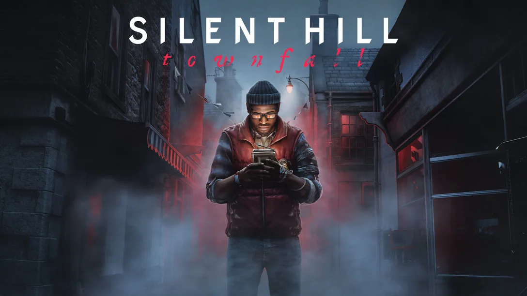 Visuel de Silent Hill: Townfall montrant un homme en bonnet et lunettes consultant un appareil dans une ruelle sombre envahie par la brume, éclairée de lueurs rouges inquiétantes. Le titre Silent Hill: Townfall apparaît en grandes lettres au-dessus de lui.