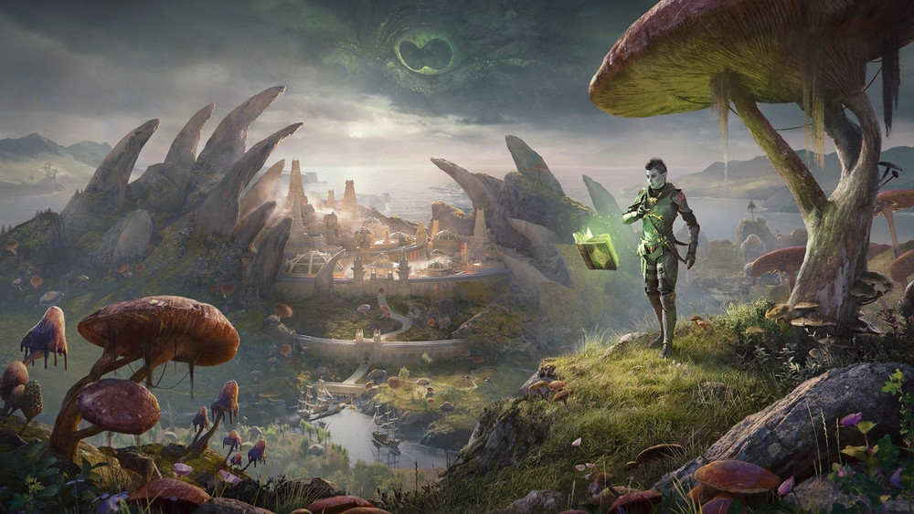 Illustration promotionnelle d’un jeu de fantasy montrant un personnage en armure explorant une vallée peuplée de champignons géants, tenant un grimoire flottant baigné d’une lueur verte. En contrebas s’étend une cité entourée de formations rocheuses monumentales, sous un ciel orageux où apparaît une immense silhouette aux yeux lumineux.