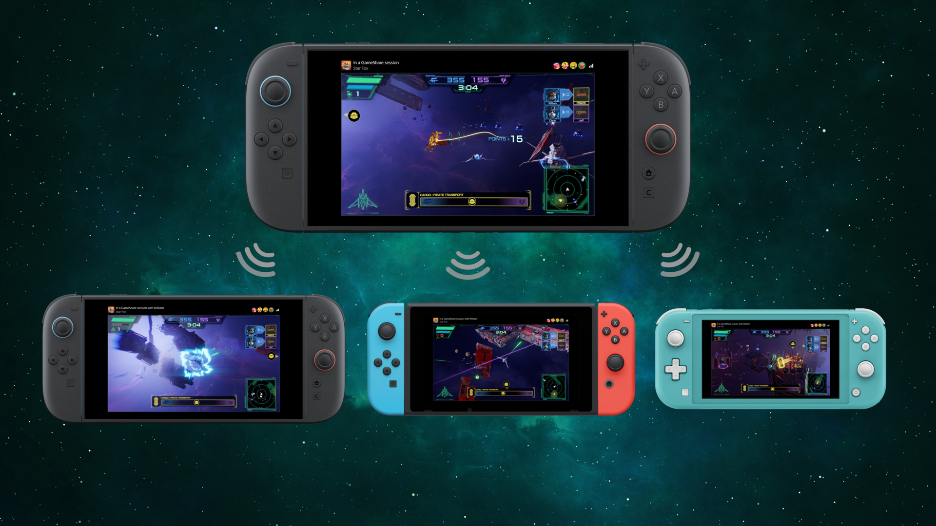 Visuel montrant plusieurs consoles Nintendo Switch affichant simultanément une partie spatiale de Star Fox. Une console est mise en avant en haut de l’image, tandis que trois autres en dessous reçoivent la diffusion de la session, illustrée par des icônes de connexion sans fil sur un fond représentant l’espace.