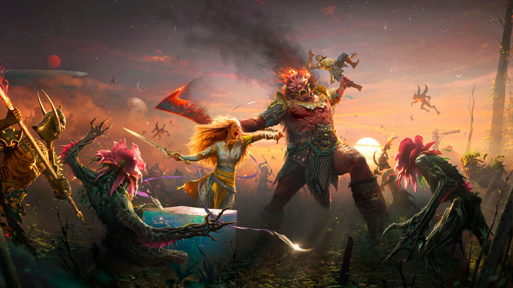 Illustration de fantasy montrant une guerrière armée d’une épée affrontant un gigantesque démon cornu brandissant une lame enflammée, au milieu de créatures végétales et de combattants. La bataille se déroule dans un paysage fantastique au coucher du soleil, sous un ciel rempli de créatures volantes.