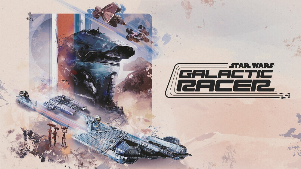 Visuel promotionnel de Star Wars: Galactic Racers sur fond beige, avec le logo du jeu à droite et une composition illustrée à gauche montrant plusieurs véhicules futuristes lancés à grande vitesse autour d’une imposante structure rocheuse.