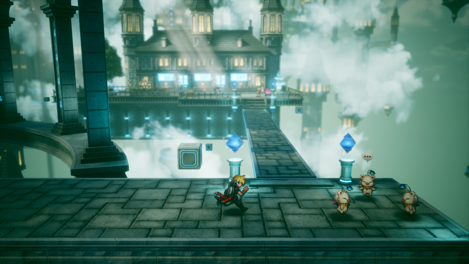 Capture d’écran de Final Fantasy Resonance montrant un personnage blond courant sur une plateforme de pierre dans une ville flottante entourée de nuages. Des mogs se tiennent à droite, tandis que des ponts, cristaux bleus et bâtiments lumineux créent une ambiance fantastique et aérienne.