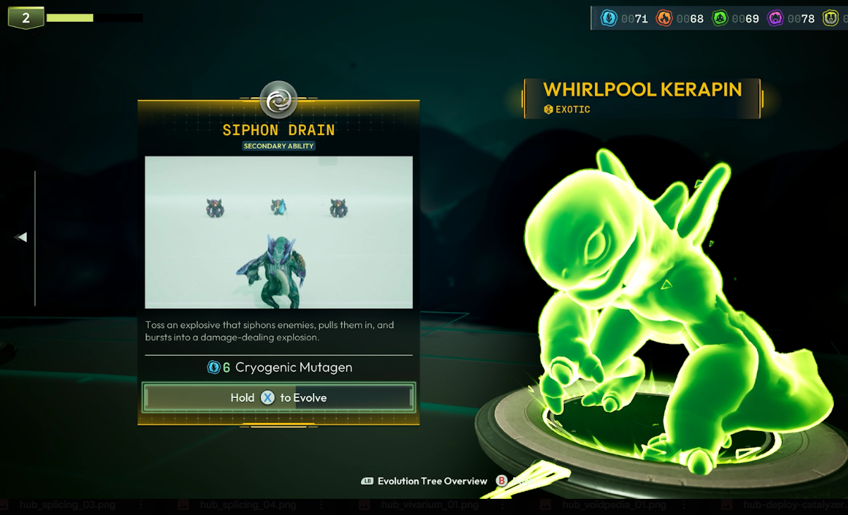 Capture d’écran d’un menu d’évolution de créature dans un jeu de science-fiction. À droite, une créature verte luminescente nommée « Whirlpool Kerapin » est présentée sur un socle. À gauche, une fiche de compétence secondaire intitulée « Siphon Drain » explique une attaque qui attire les ennemis avant de provoquer une explosion. L’interface affiche le coût d’évolution en mutagène cryogénique, un aperçu vidéo de la capacité et plusieurs ressources de progression en haut de l’écran.