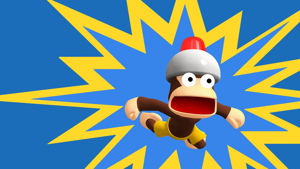 Diddy Kong, personnage de jeu vidéo, bondit les bras écartés avec une expression surprise, coiffé d’un casque blanc à gyrophare rouge. Le fond bleu est traversé par une grande explosion graphique jaune.