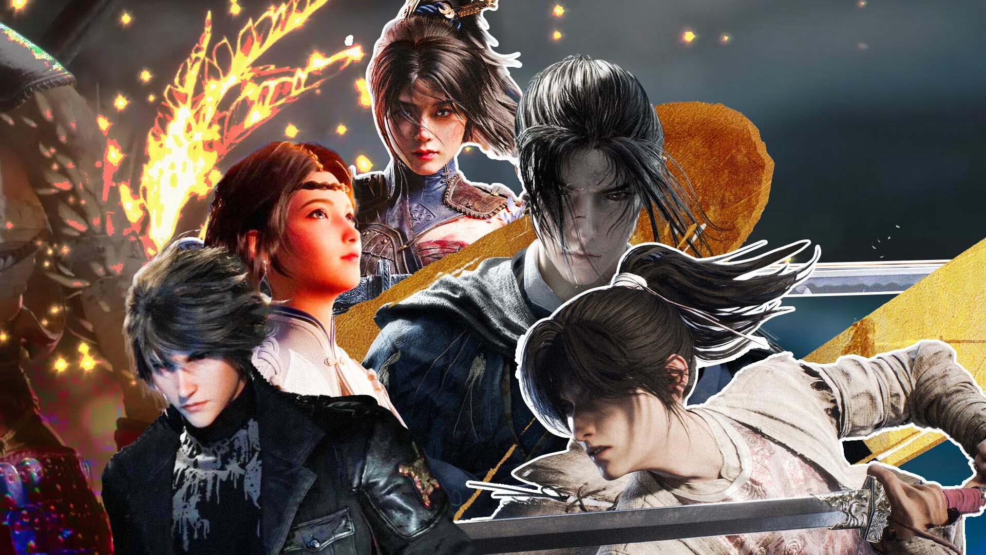 Montage de plusieurs personnages de jeux d’action d’inspiration asiatique, armés d’épées et vêtus de tenues traditionnelles ou fantastiques. Les protagonistes se superposent sur un fond sombre aux accents dorés et orangés, avec des effets de flammes.