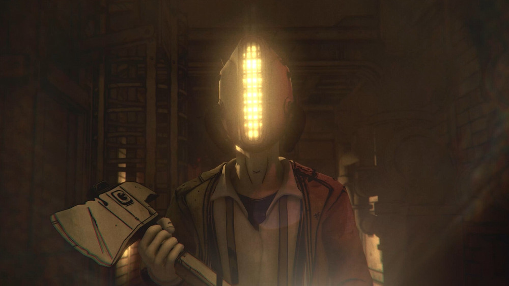 Illustration en 3D sombre et stylisée d’un personnage humanoïde inquiétant, vraisemblablement issu d’un jeu vidéo d’horreur ou de science-fiction. La scène se déroule dans un couloir industriel faiblement éclairé, avec des murs métalliques et des tuyauteries apparentes. Le personnage, situé au centre de l’image, est vêtu d’un blouson rouge bordeaux usé et d’un t-shirt blanc avec une chemise entrouverte en dessous. Il tient fermement une hache futuriste argentée dans sa main droite, dont la lame est gravée d’un symbole noir en spirale. Le détail le plus marquant est son visage entièrement remplacé par une surface verticale lumineuse composée de plusieurs rangées de LED jaunes formant une sorte de grille digitale. Cette lueur éclaire partiellement son torse et renforce l’atmosphère oppressante. L’éclairage volumétrique et les effets de brume accentuent l’ambiance claustrophobe et menaçante, évoquant les codes visuels de titres comme Silent Hill, Dead Space ou Bendy and the Ink Machine.