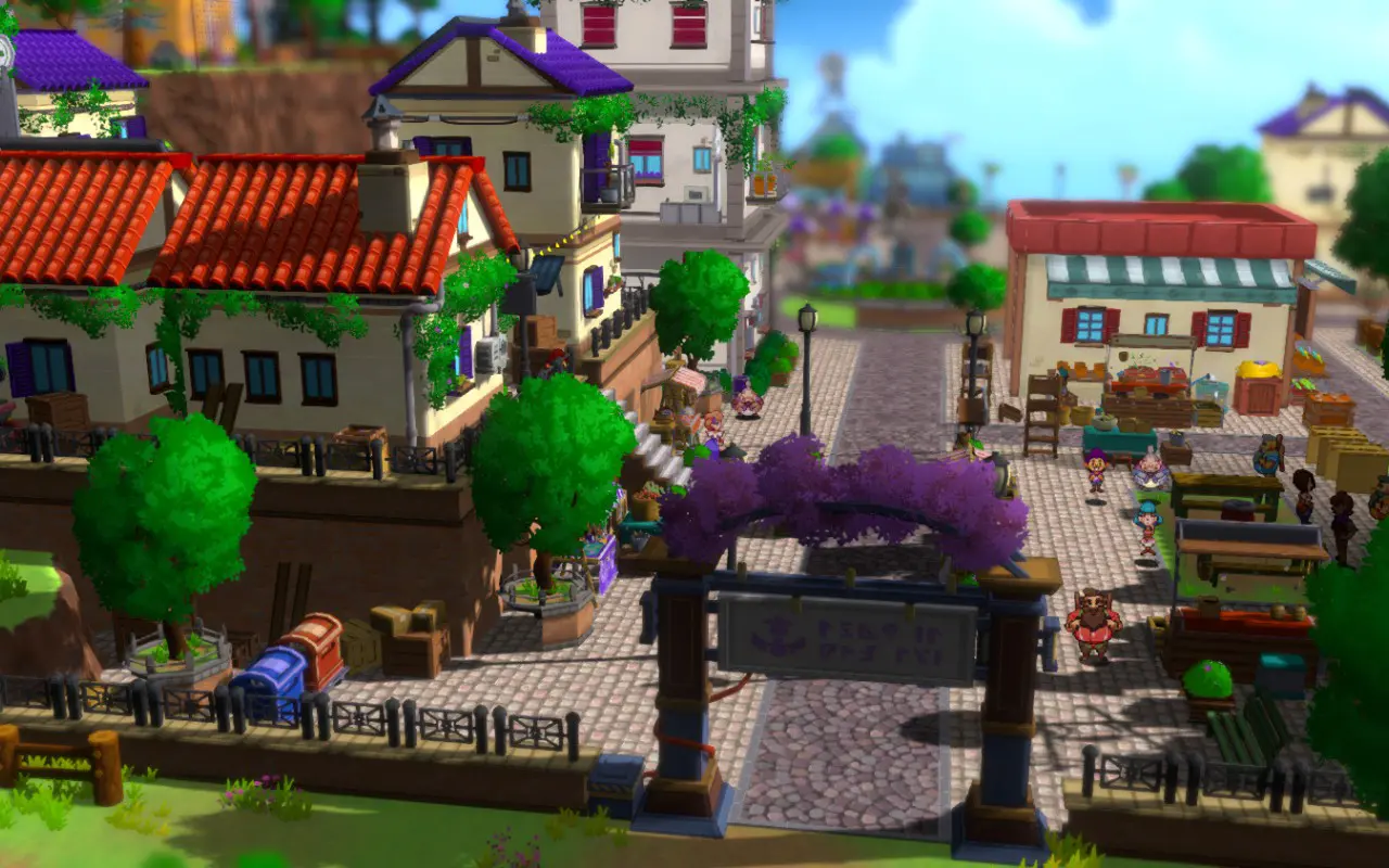 Capture d’écran d’un jeu vidéo de simulation ou de type RPG à l’esthétique colorée et cartoonesque, représentant une ville pittoresque animée dans un style graphique en 3D isométrique. L’image montre une place de marché pavée entourée de bâtiments aux toits rouges, violets et bleus, avec des murs blancs décorés de lierre grimpant et de volets colorés. À gauche, un bâtiment surélevé surplombe la rue, accessible par des escaliers, avec une enseigne et des caisses empilées en contrebas. Une arche décorée de fleurs violettes marque l’entrée de la zone commerçante, où de nombreux personnages non-joueurs (PNJ) se déplacent ou tiennent des stands de fruits, légumes et autres marchandises. Des arbres verts aux formes stylisées sont répartis dans la ville, accentuant le côté chaleureux et accueillant du décor. L’arrière-plan est légèrement flouté (effet de profondeur de champ), mais laisse entrevoir d’autres constructions et éléments urbains, comme un moulin à vent. L’ambiance générale évoque un univers paisible et communautaire, typique des jeux comme Animal Crossing, Stardew Valley ou My Time at Portia, où la gestion de ville, l’interaction sociale et les activités quotidiennes font partie du gameplay central. Ask ChatGPT