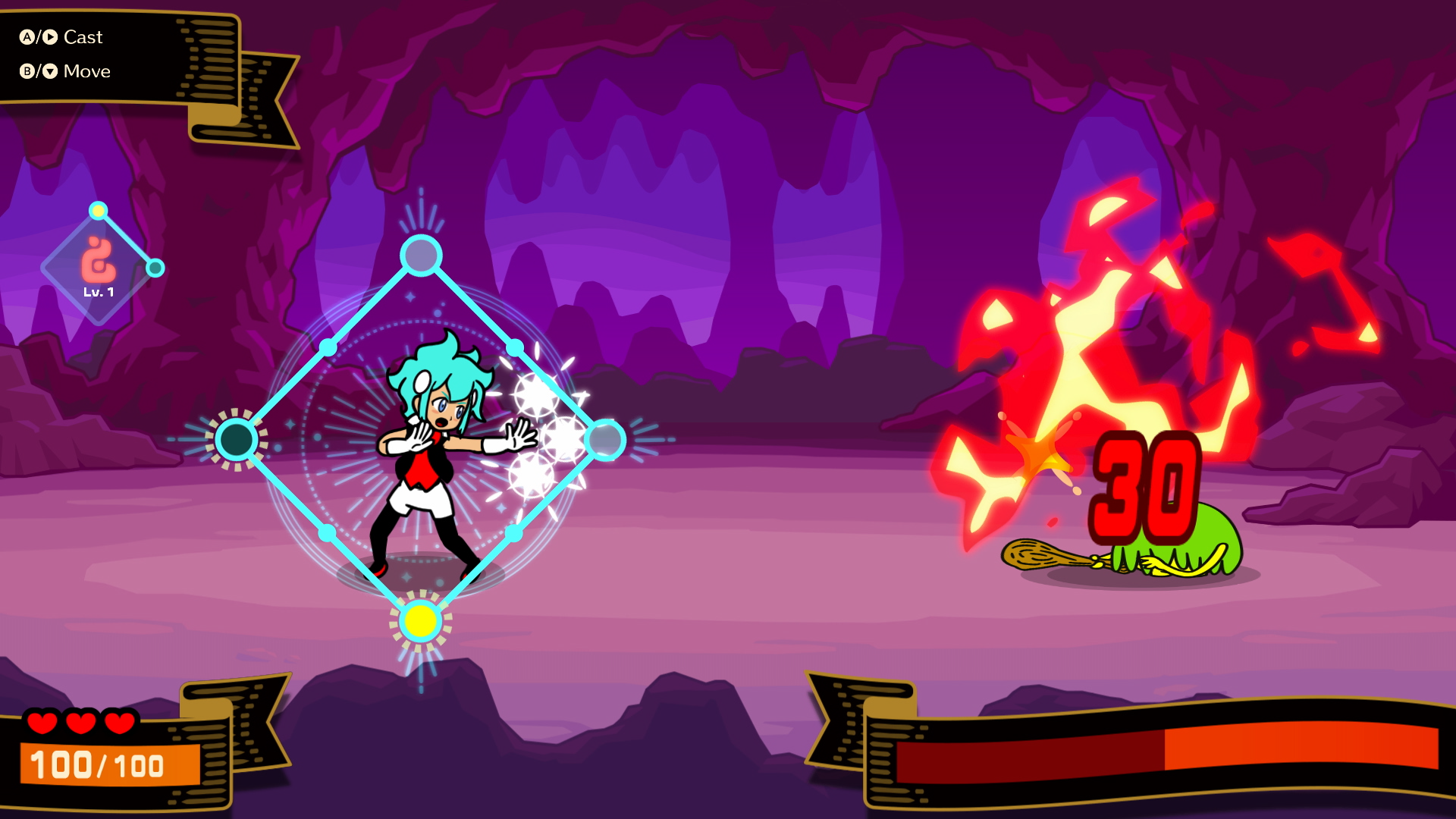 Capture de gameplay d’un jeu de rôle au style cartoon montrant une jeune magicienne aux cheveux turquoise lançant un sort dans une caverne aux teintes violettes. Une interface de sélection magique en forme de losange entoure le personnage tandis qu’une créature verte est frappée par une explosion de flammes affichant 30 points de dégâts. L’interface indique les commandes, un sort de niveau 1, une jauge de vie à 100/100 et une barre de progression en bas de l’écran.