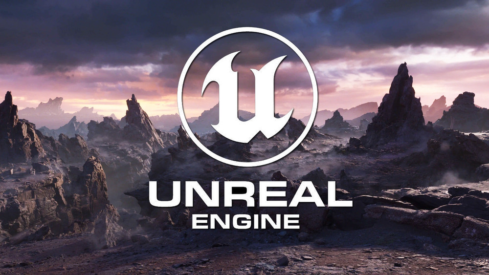 Logo Unreal Engine blanc centré sur un paysage rocheux de fantasy aux formations escarpées et à l’atmosphère brumeuse. Le décor, baigné par une lumière de coucher de soleil sous un ciel nuageux, met en valeur l’identité visuelle du moteur de jeu vidéo avec le texte « UNREAL ENGINE » affiché au premier plan.