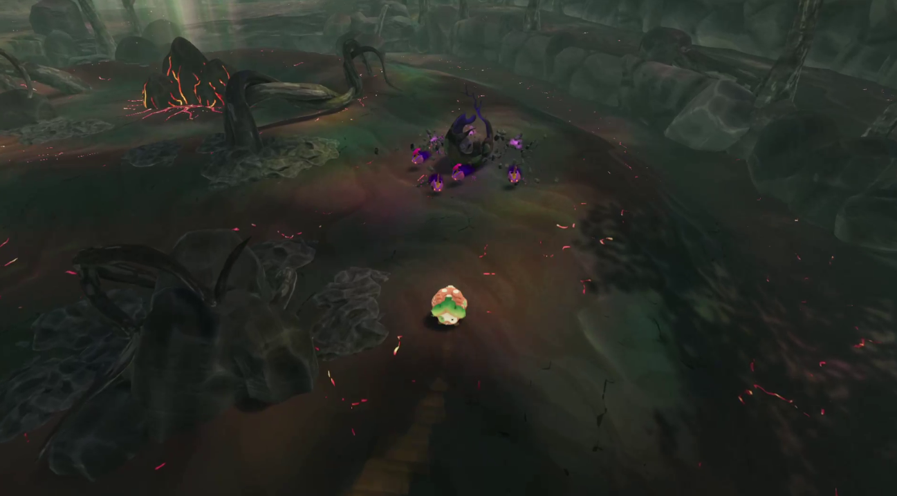 Capture de BloomKeeper montrant une petite créature végétale avançant dans une zone sombre et corrompue, face à plusieurs créatures violettes regroupées autour d’une structure organique, parmi des arbres morts et des rochers.