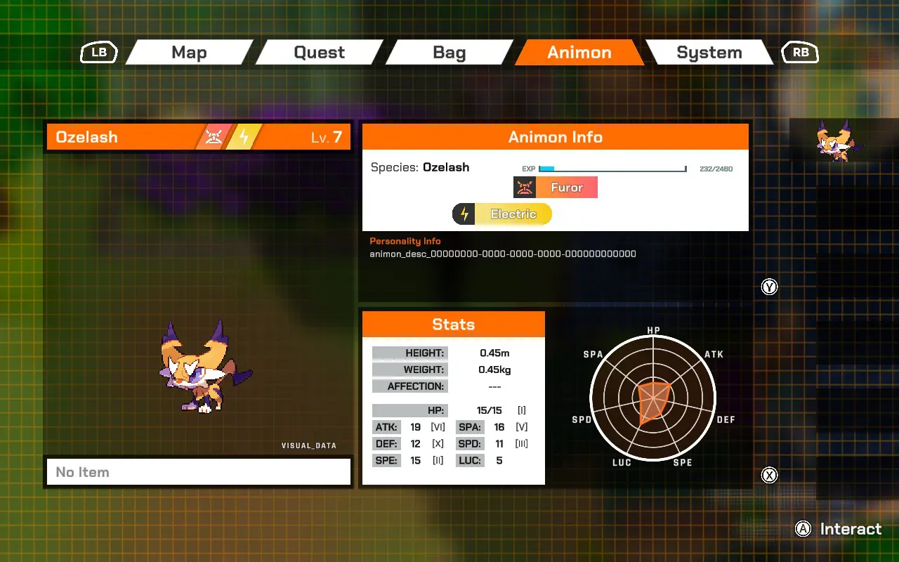 Capture d’écran d’une interface de gestion de créature dans un jeu vidéo de type RPG ou jeu de collection de monstres, affichant les informations détaillées d’un personnage nommé Ozelash. L’interface, présentée sur fond à quadrillage noir et orange, est divisée en plusieurs sections. En haut, on trouve les onglets du menu principal : Map, Quest, Bag, Animon (sélectionné), et System. À gauche, une illustration du personnage Ozelash, une créature au design félin stylisé avec un pelage orange et des accents violets, des yeux perçants et une posture dynamique. Juste au-dessus, une bannière orange affiche le nom "Ozelash", son type (Furor et Électrique) avec des icônes correspondants, et son niveau (Lv. 7). À droite, la section "Animon Info" donne des détails sur l’espèce, la barre d’expérience (232/2460 EXP), et le type principal "Electric" dans une pastille jaune. Une ligne de texte en bas de cette section semble contenir une erreur ou du texte de débogage : animon_desc_00000000.... La partie inférieure droite affiche les statistiques : taille (0,45 m), poids (0,45 kg), et une fiche avec les stats de combat – HP 15/15, ATK 19, DEF 12, SPA 16, SPD 11, SPE 15, LUC 5 – accompagnées d’un graphique radar circulaire visualisant la répartition des points. Le bas gauche indique qu’aucun objet n’est équipé ("No Item"). Cette image présente une interface claire et fonctionnelle typique des jeux inspirés de Pokémon ou Digimon, avec un système d’évolution ou de gestion stratégique des créatures appelées ici Animons.