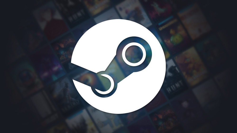 Logo blanc de Steam au centre, sur un arrière-plan sombre et flouté composé d’une mosaïque de jaquettes de jeux vidéo.