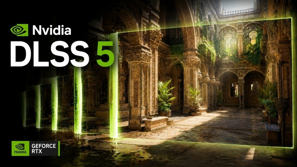 Visuel promotionnel de Nvidia DLSS 5 et GeForce RTX montrant un palais aux arches richement ornées, envahi par la végétation et éclairé par le soleil. Un cadre et des faisceaux lumineux verts évoquent la technologie graphique, avec les logos Nvidia DLSS 5 et GeForce RTX à gauche.
