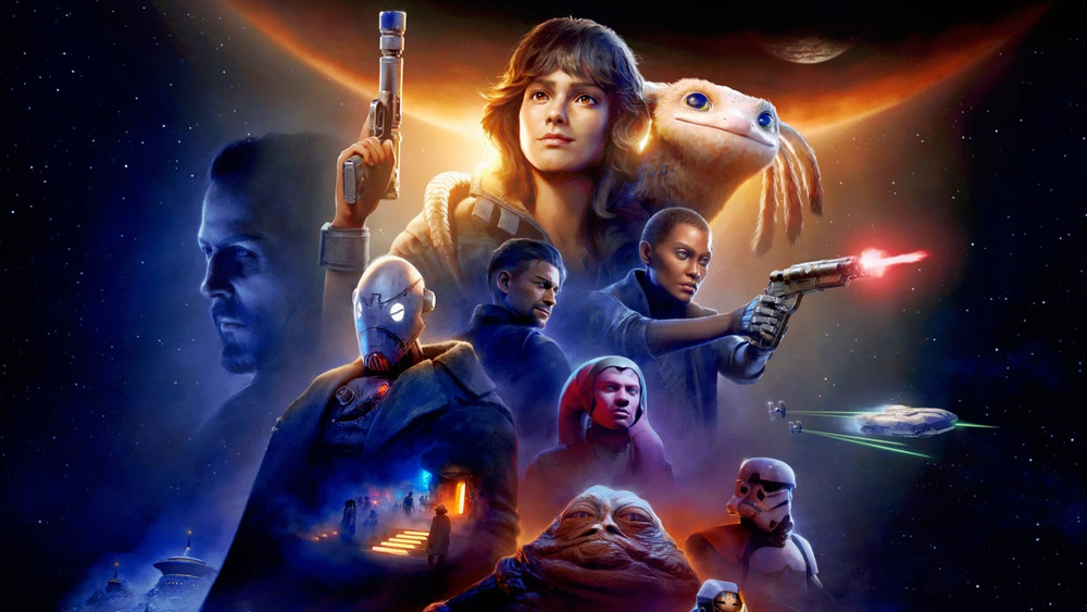 L'image est une affiche dynamique et colorée de la série Star Wars: The Bad Batch, présentant plusieurs personnages principaux dans un décor spatial. Au centre, une jeune femme, vêtue d'une tenue de combat, porte un blaster et est accompagnée d'un étrange créature de type extraterrestre ressemblant à un animal mignon, à la fourrure jaune. Juste en dessous d'elle, plusieurs personnages masculins et féminins, dont un homme au visage masqué et une figure mystérieuse vêtue d'une cape sombre, apparaissent en posture héroïque. À l'arrière-plan, des navettes spatiales et un chasseur stellaire volent dans l'immensité de l'espace. Un vaisseau spatial emblématique de la saga, le Millennium Falcon, est visible sur la droite de l'image, traversant l'univers. Le visage de Jabba le Hutt, un personnage iconique de l'univers Star Wars, apparaît aussi dans le coin inférieur droit. L'affiche met en valeur l'intensité de la série à travers une palette de couleurs vives et des éléments de science-fiction, offrant un aperçu captivant de l'aventure galactique de cette production.