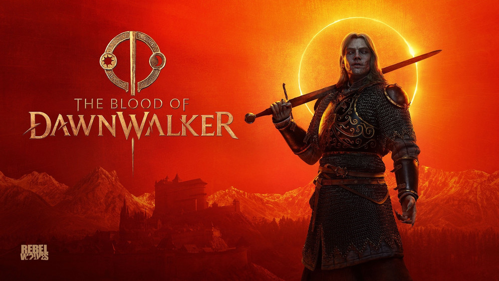 Visuel promotionnel de The Blood of Dawnwalker montrant un guerrier en cotte de mailles tenant une épée sur l’épaule, devant un paysage montagneux baigné de rouge. Un halo solaire éclaire le personnage en arrière-plan, tandis que le logo The Blood of Dawnwalker apparaît à gauche et celui de Rebel Wolves en bas à gauche.