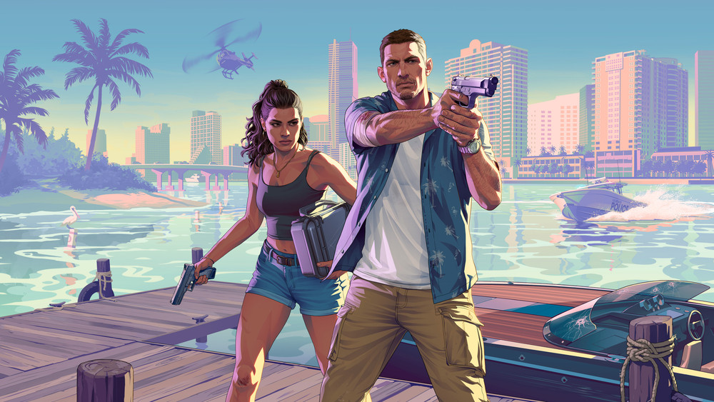 Illustration promotionnelle très détaillée de style bande dessinée pour un jeu vidéo d'action en monde ouvert, probablement « Grand Theft Auto VI » (GTA 6). Au premier plan, deux protagonistes armés se tiennent sur un quai en bois dans une ambiance tropicale et urbaine. La femme à gauche, au look déterminé, porte un débardeur noir, un short en jean et une ceinture tactique, tenant un pistolet dans la main droite et une sacoche grise sous le bras gauche. L'homme à droite, musclé et concentré, habillé d'un t-shirt blanc, d'une chemise hawaïenne bleue et d'un pantalon beige, pointe une arme de poing vers l'avant. Tous deux sont prêts pour une confrontation violente. En arrière-plan, une ville côtière inspirée de Miami se dresse, avec ses immeubles modernes bordés de palmiers. Sur l’eau turquoise, une vedette de police fonce à grande vitesse vers le quai, soulevant des vagues, tandis qu’un hélicoptère patrouille dans le ciel. L’environnement est baigné de lumière chaude et colorée, typique des fins d'après-midi dans un décor tropical. À gauche, on aperçoit un flamant rose et une plage déserte, renforçant l'atmosphère estivale. L’ensemble de la scène évoque une ambiance de tension, d’évasion et de criminalité dans un décor paradisiaque, caractéristique de l’univers de la série GTA.
