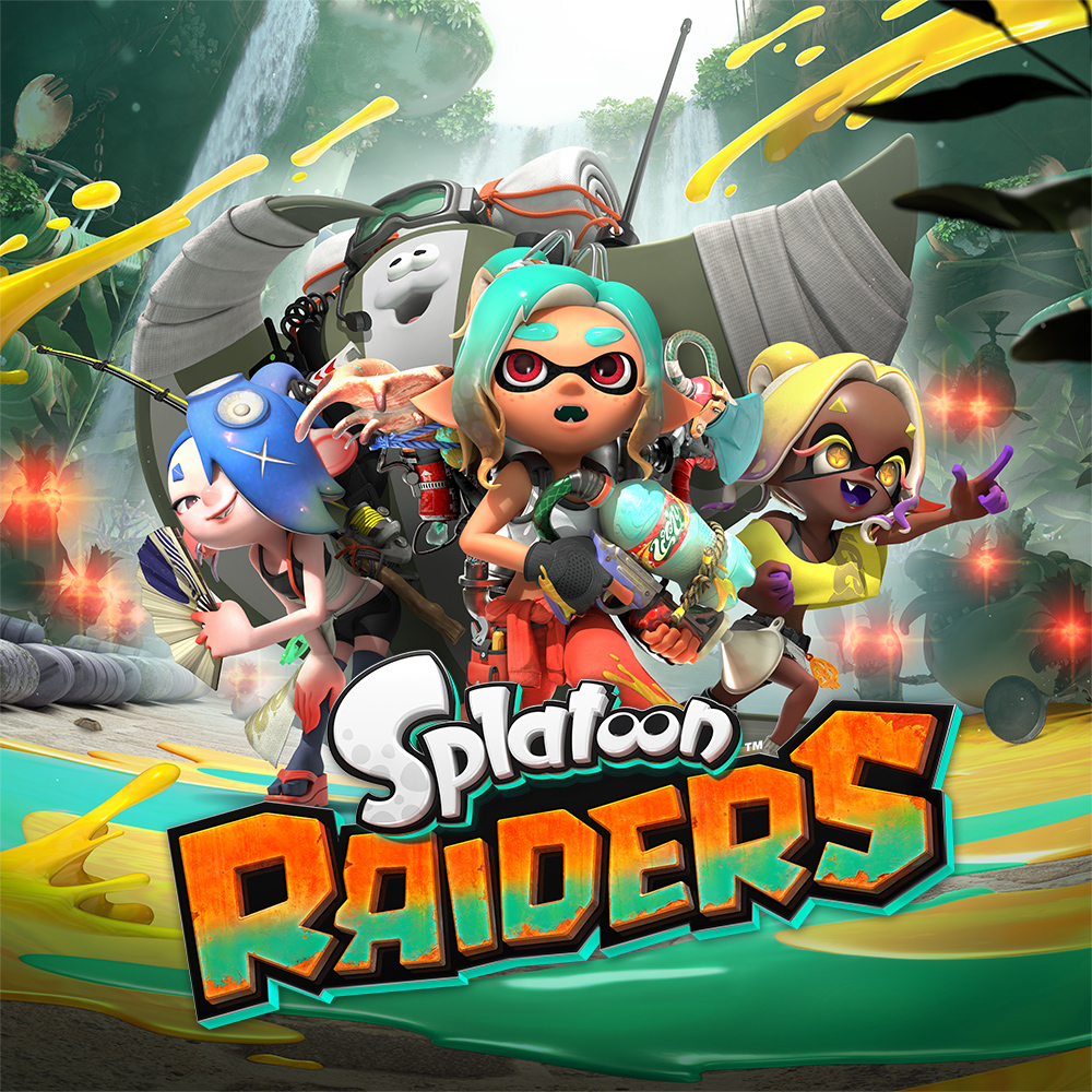 Illustration promotionnelle de Splatoon Raiders montrant trois personnages colorés armés d’équipements à encre, posant devant une grande machine dans un décor de jungle avec cascades. Des éclaboussures d’encre jaune et verte entourent la scène, tandis que le logo du jeu apparaît en grand en bas de l’image.