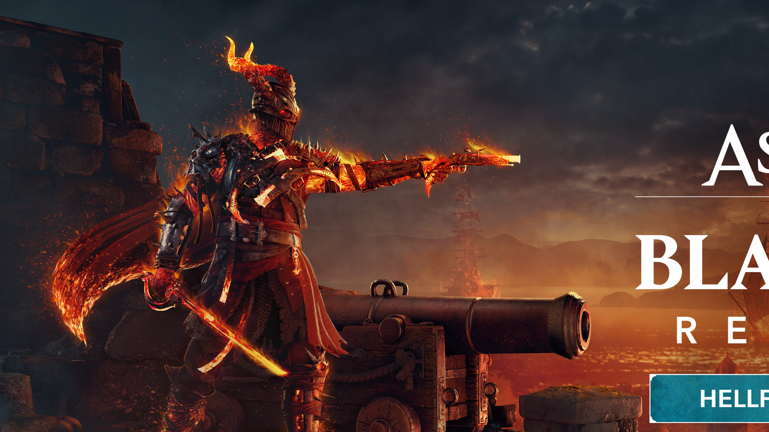 Visuel promotionnel d’Assassin’s Creed IV: Black Flag montrant un capitaine pirate en armure infernale, le corps et les cornes embrasés, brandissant un pistolet et un sabre enflammé devant un canon. Des navires apparaissent à l’horizon sous un ciel crépusculaire, tandis qu’une partie du titre Assassin’s Creed Black Flag et la mention Hellfire sont visibles sur la droite.
