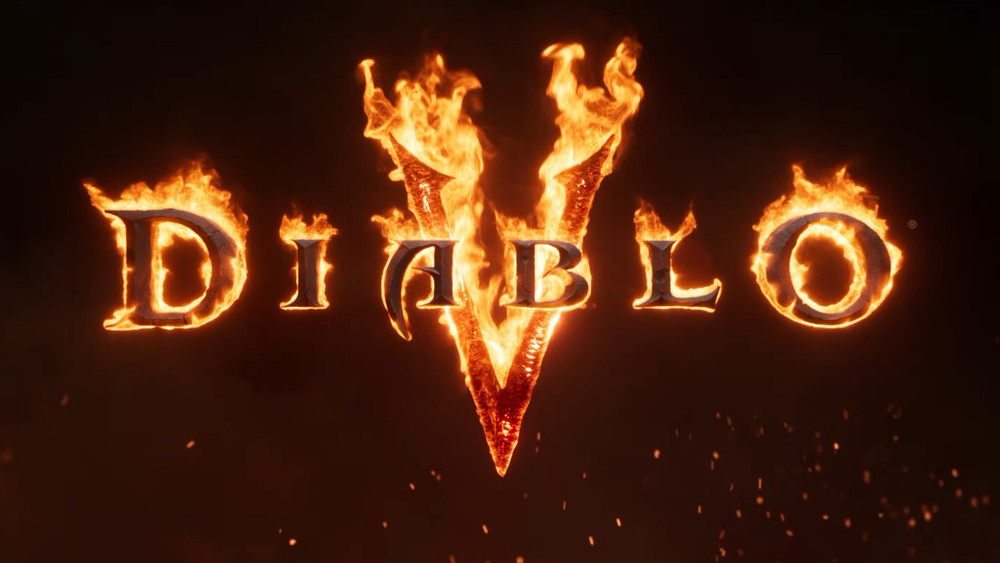 Logo de Diablo IV en lettres métalliques entourées de flammes, avec le chiffre romain IV en feu au centre. Des braises s’élèvent sur un fond noir, renforçant l’atmosphère sombre et infernale du jeu.