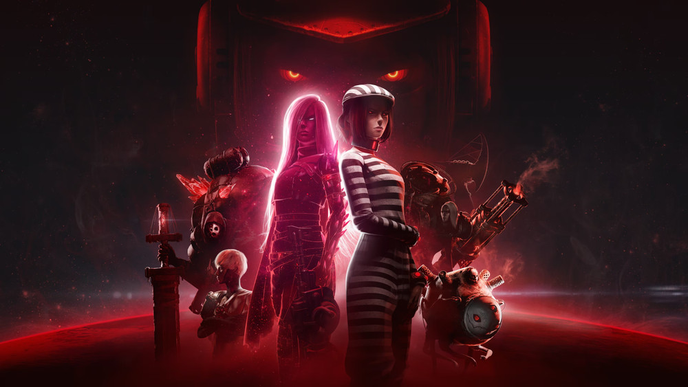 Illustration promotionnelle de jeu vidéo dans une ambiance sombre et rouge, avec plusieurs personnages armés et stylisés disposés en formation. Au centre, une femme en tenue rayée de type uniforme se tient de profil, tandis qu’un autre personnage lumineux aux cheveux blancs ou roses éclaire la scène. À l’arrière-plan, un visage géant menaçant aux yeux rouges domine la composition, renforçant une atmosphère dystopique et oppressante. L’ensemble est baigné de lumières rouges et de fumée, avec un style science-fiction sombre et intense.