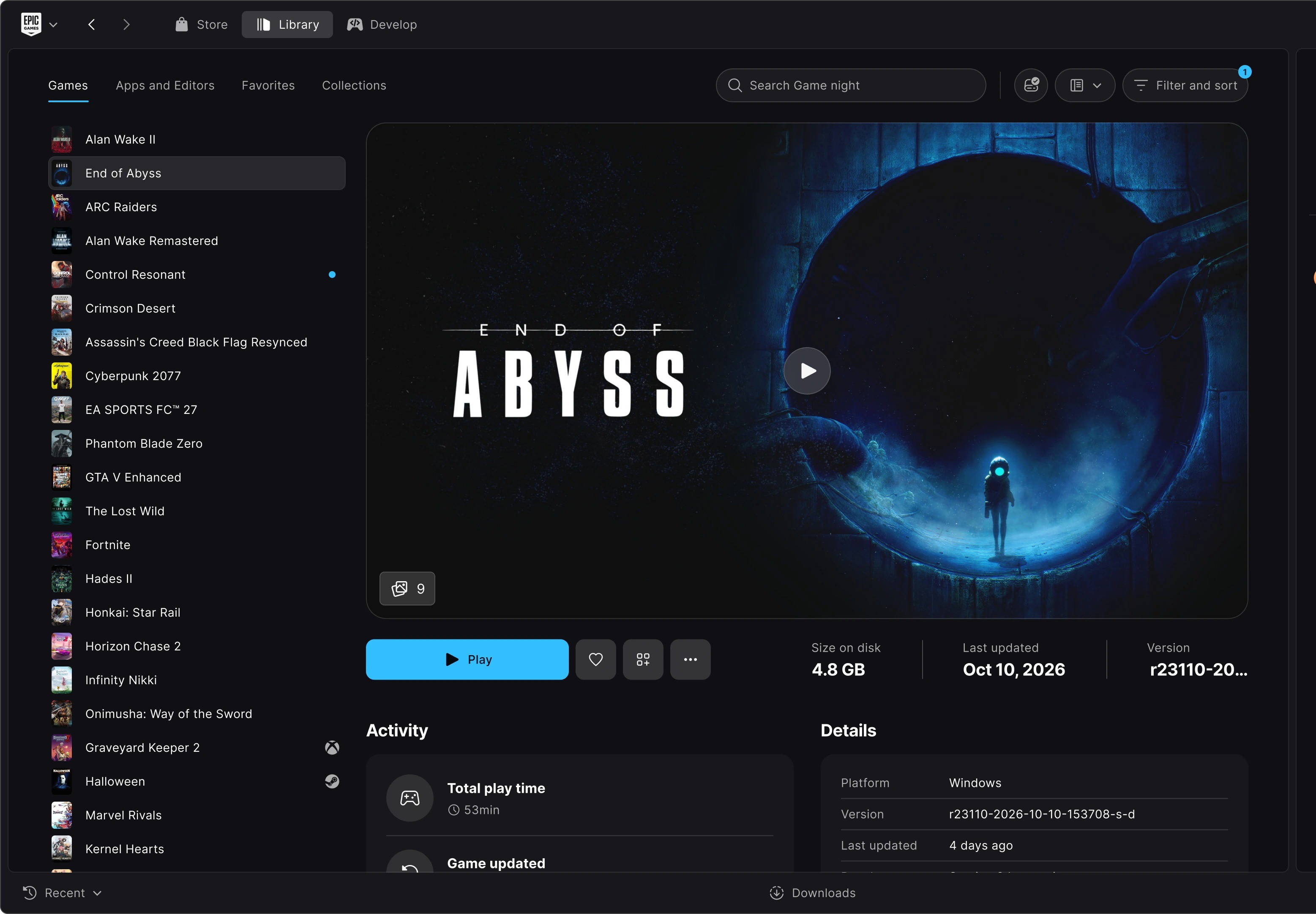 Montage de quatre captures de la nouvelle interface de l’Epic Games Store sur PC : gestion des téléchargements, fiche du jeu End of Abyss, collections personnalisées et bibliothèque affichant de nombreuses jaquettes de jeux, avec un panneau social listant les amis en ligne.