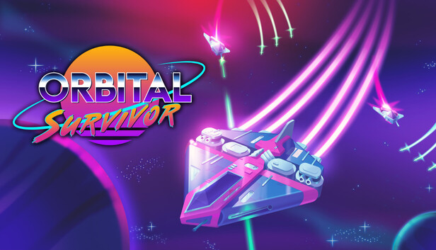 Visuel promotionnel du jeu Orbital Survivor montrant un vaisseau spatial futuriste coloré traversant l’espace avec des traînées lumineuses roses et bleues. Le logo du jeu apparaît à gauche sur un fond cosmique rempli d’étoiles, de planètes et d’autres engins spatiaux.