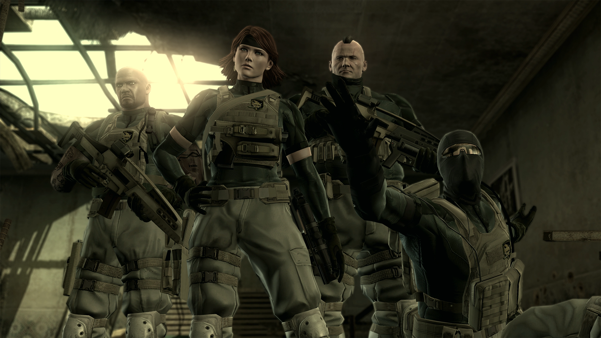 Capture d’écran de Metal Gear Solid montrant une escouade de soldats en tenue tactique dans un bâtiment sombre et délabré. Trois personnages armés se tiennent debout autour d’une femme au centre, tandis qu’un soldat masqué est accroupi au premier plan, créant une ambiance militaire tendue et cinématique.