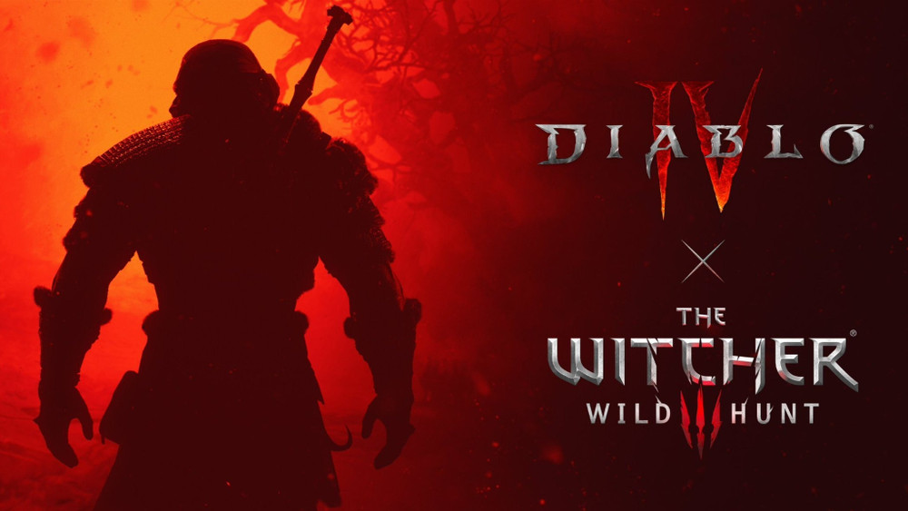 Visuel rouge sombre associant Diablo IV et The Witcher 3: Wild Hunt. À gauche, la silhouette d’un guerrier armé d’une épée se détache devant des branches tortueuses. À droite, les logos des deux jeux sont séparés par une croix.