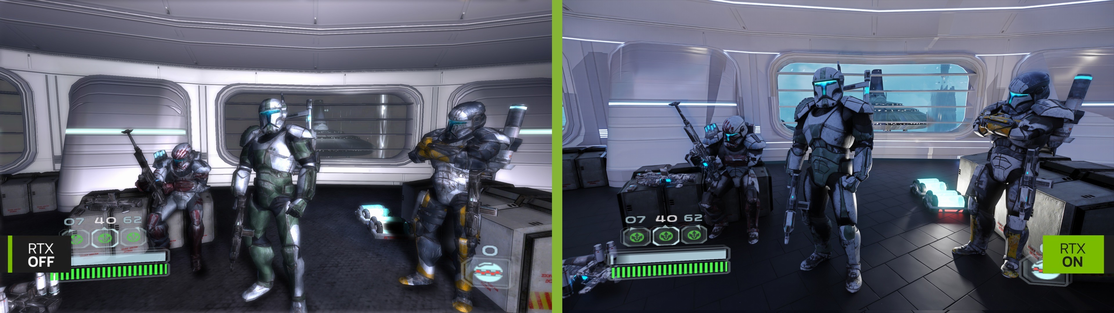 Image comparative en écran partagé illustrant les différences visuelles entre le rendu sans ray tracing (RTX OFF) à gauche et avec ray tracing activé (RTX ON) à droite dans un jeu vidéo de tir tactique se déroulant dans l’univers de Star Wars, mettant en scène une escouade de clones soldats. La scène se déroule dans une salle futuriste à l’intérieur d’un vaisseau, dotée de larges hublots. Trois soldats en armure personnalisée sont positionnés devant une fenêtre, tandis que le quatrième, assis à gauche, tient un fusil. Sur la partie gauche de l’image (RTX OFF), les textures sont floues, les couleurs délavées, les reflets inexistants et l’éclairage peu réaliste. L’ambiance est terne et les détails des personnages comme du décor manquent de finesse. À droite (RTX ON), les améliorations graphiques sont immédiatement perceptibles : les reflets sur les armures métalliques sont dynamiques, la lumière bleutée naturelle venant de l’extérieur pénètre dans la pièce, créant des ombres douces et un jeu d’éclairage réaliste. Le ciel et un bâtiment extérieur sont visibles à travers les vitres transparentes, ajoutant de la profondeur à la scène. Les textures sont plus nettes, le contraste renforcé, et l’ensemble bénéficie d’un rendu plus immersif et cinématographique. Cette image met en avant les capacités de rendu avancé offertes par le ray tracing en temps réel, notamment pour les environnements intérieurs, la gestion des matériaux réfléchissants et l’éclairage global dans les jeux vidéo.