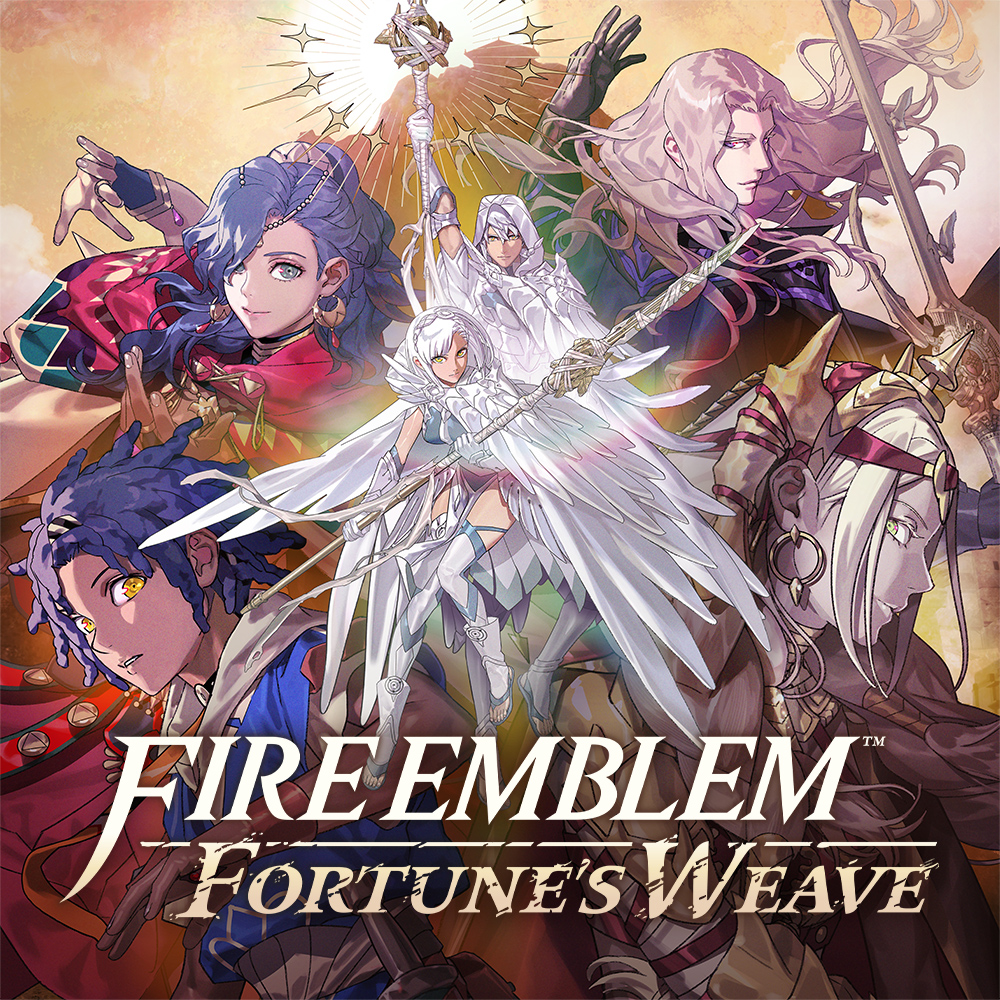 Illustration promotionnelle de Fire Emblem Fortune’s Weave montrant plusieurs personnages de fantasy au style anime, armés et vêtus d’armures détaillées. Au centre, une guerrière aux ailes blanches tient une lance, entourée d’autres héros aux expressions intenses, dans une composition dramatique et lumineuse.