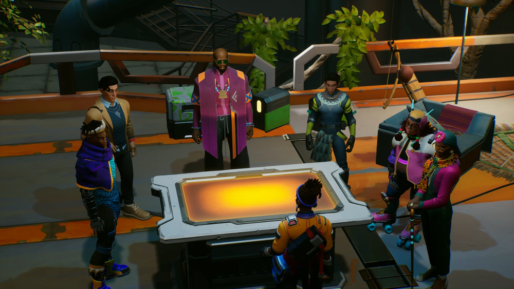 Capture de Relooted montrant sept personnages réunis autour d’une table futuriste lumineuse. Le groupe aux tenues colorées et variées semble tenir une réunion dans un espace mêlant équipements technologiques, plantes et mobilier, tandis que deux personnages portent des rollers.