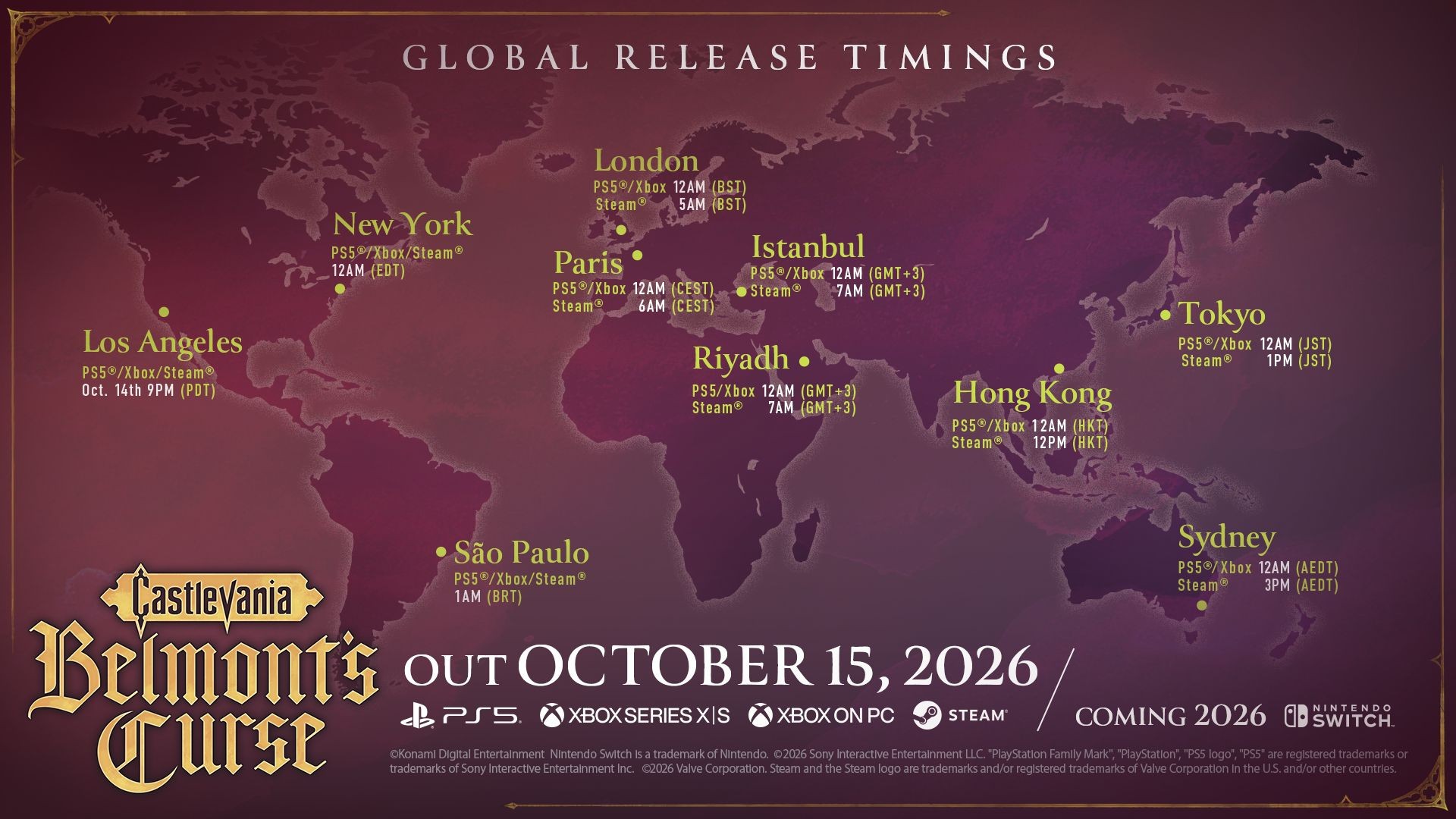 Carte mondiale indiquant les horaires de sortie globale du jeu Castlevania: Belmont's Curse pour différentes villes. Les horaires PS5/Xbox/Steam sont indiqués à minuit local et sur Steam quelques heures plus tard, avec des fuseaux horaires précis pour Los Angeles, New York, São Paulo, Londres, Paris, Istanbul, Riyadh, Hong Kong, Tokyo et Sydney, sur fond violet avec le logo du jeu et les plateformes listées en bas.