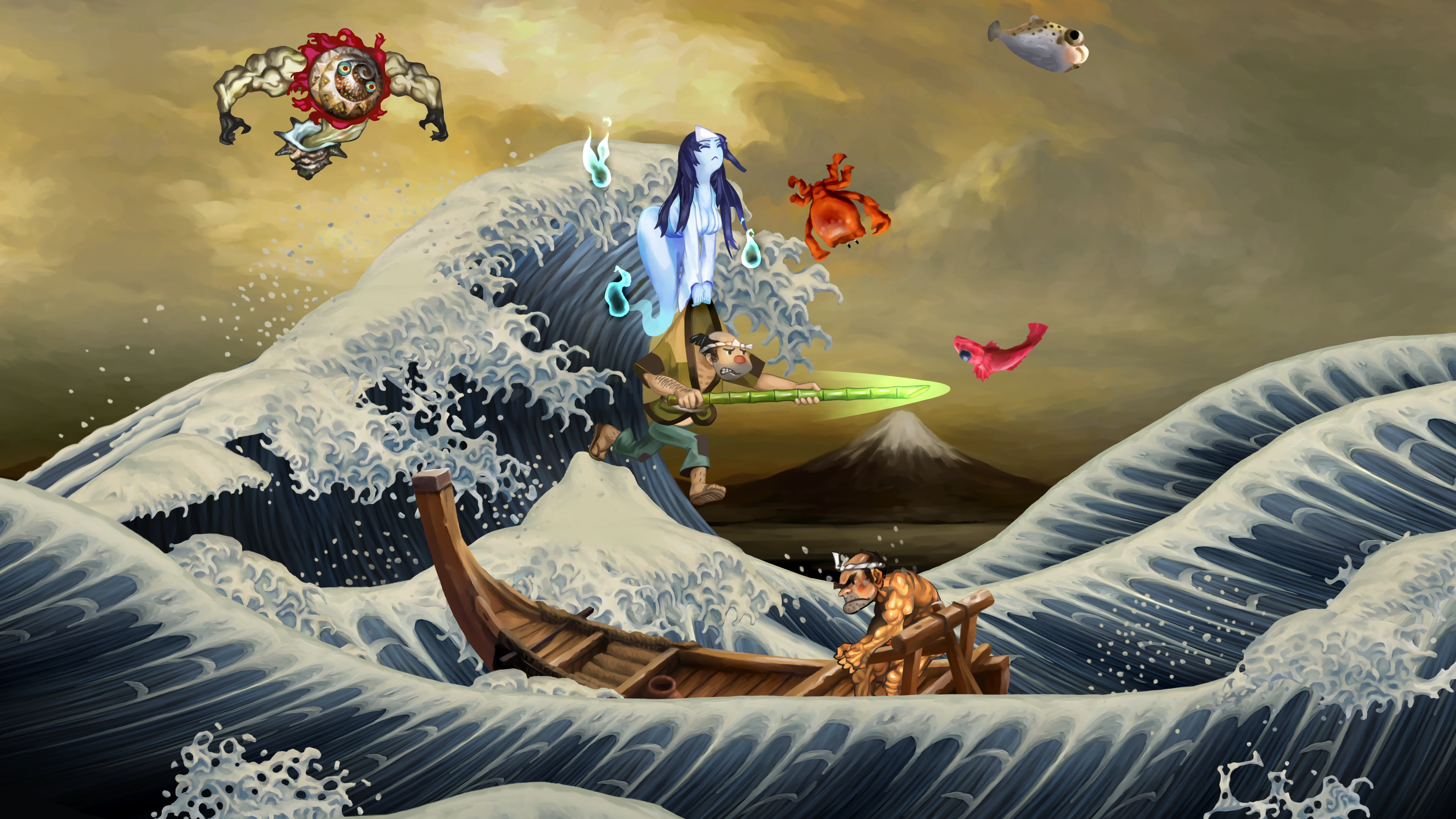Capture d’écran de Muramasa: Revenant Blades montrant une scène inspirée de l’estampe japonaise, avec de grandes vagues entourant un bateau en bois. Un guerrier bondit avec une lame verte lumineuse sous une figure féminine spectrale, tandis que des créatures marines flottent dans un ciel doré à l’ambiance mythologique.
