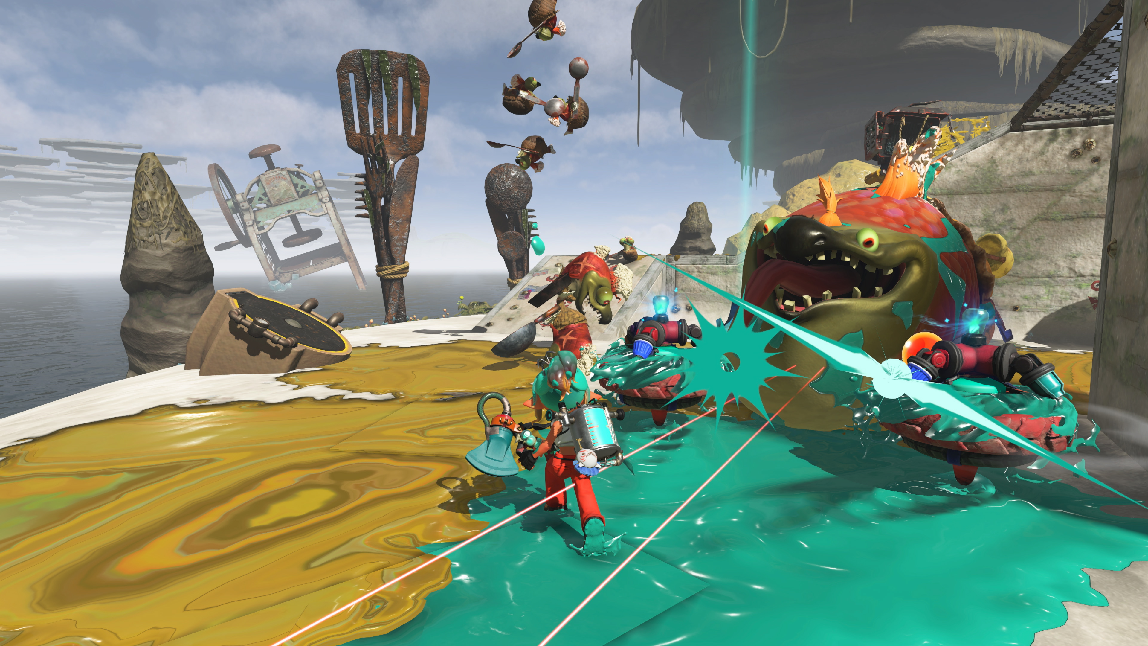 Capture d’écran de Splatoon Raiders montrant un combat dynamique contre une énorme créature colorée, dans une arène recouverte d’encre jaune et turquoise. Un personnage tire de l’encre au premier plan, tandis que des ennemis volants, des projectiles et des éléments de décor flottants renforcent l’action chaotique.
