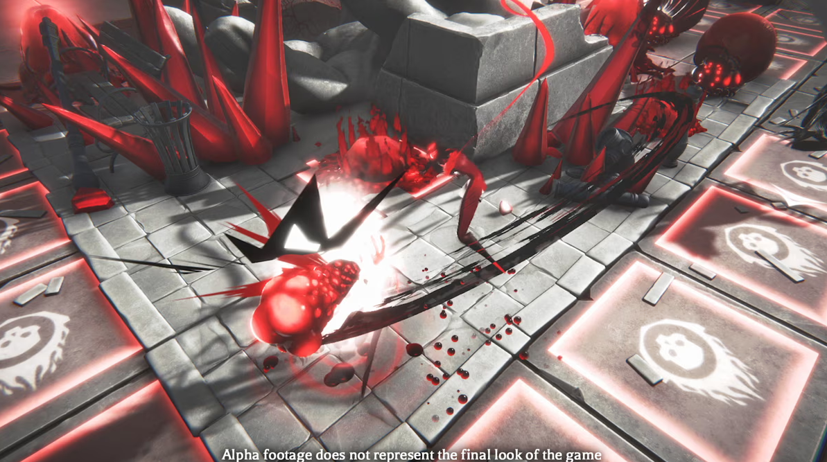 Capture de gameplay d’Ex Sanguis en vue isométrique, montrant un combat contre des créatures rouges et noires sur un sol gris quadrillé. Des effets d’impact lumineux, traînées sanglantes et dalles marquées de crânes soulignent l’action. Un texte en bas précise que cette version alpha ne représente pas l’apparence finale du jeu.
