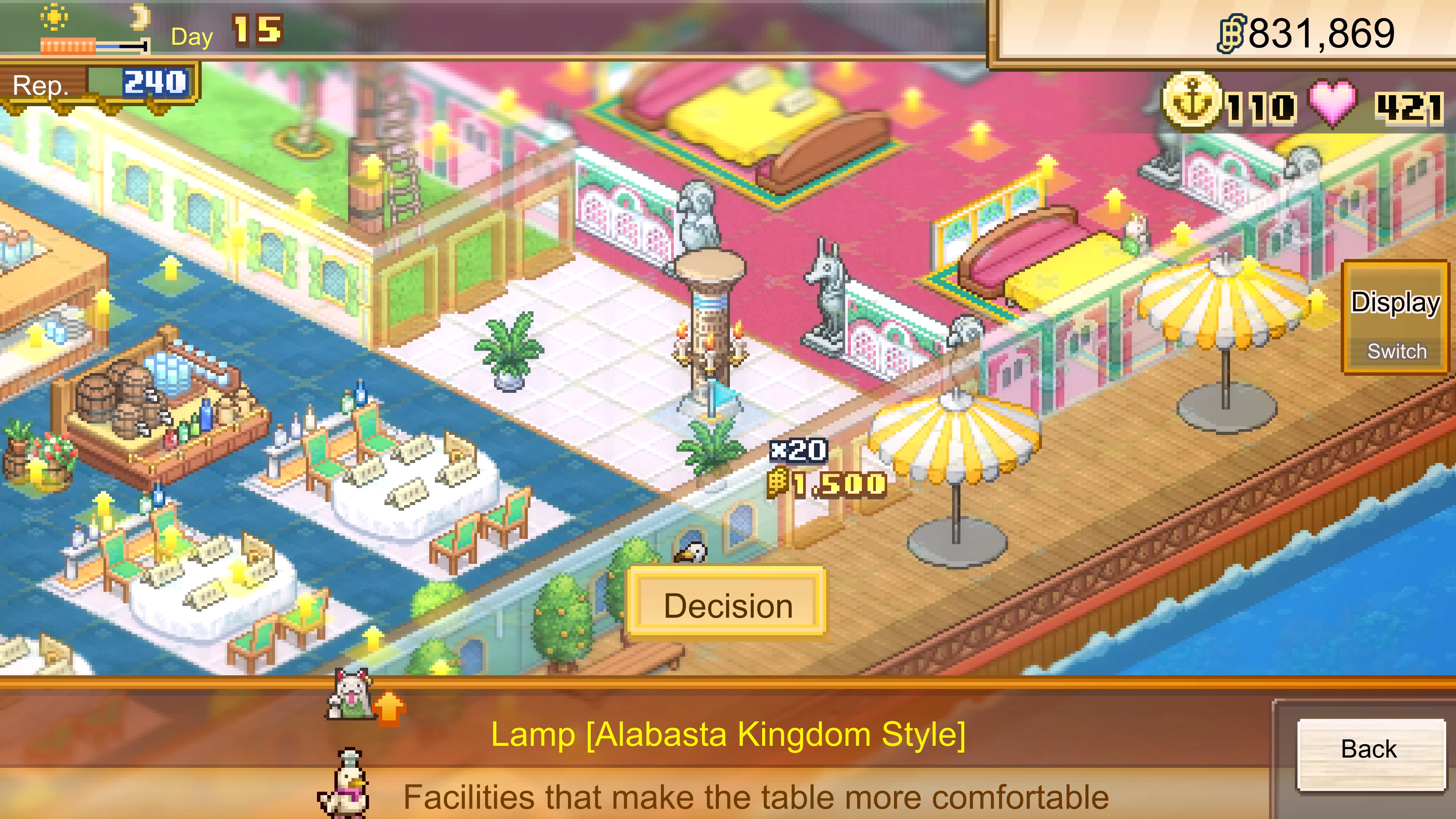 Capture d’écran de One Piece Grand Gourmet montrant une interface de gestion en pixel art, avec un restaurant coloré composé de chambres, tables et terrasse en bord de mer. Le menu de décoration affiche une lampe de style Royaume d’Alabasta, avec les ressources, la réputation et l’argent visibles à l’écran.