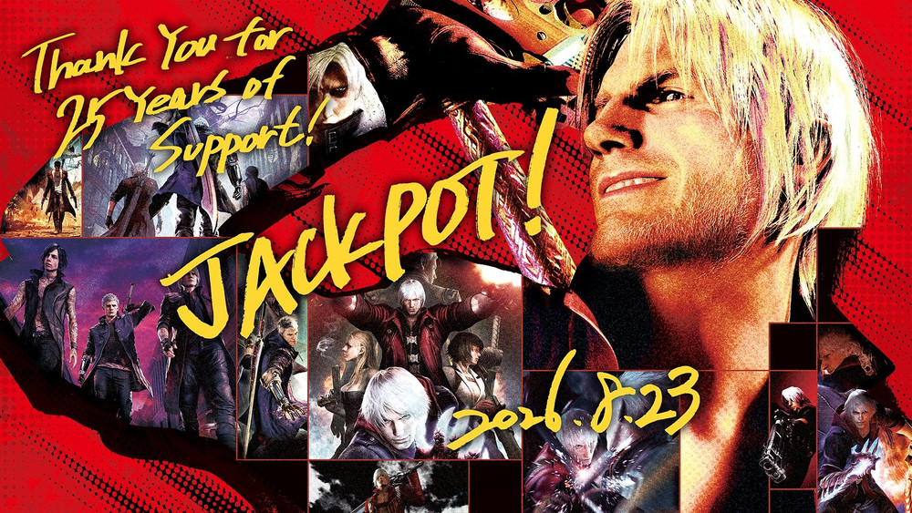 Visuel célébrant les 15 ans de Devil May Cry, avec un montage de personnages et de scènes de la série sur fond rouge. Dante, aux cheveux blancs, occupe une grande partie de l’affiche. Le texte jaune indique « Thank You for 15 Years of Support! », « JACKPOT! » et la date « 2026.8.23 ».