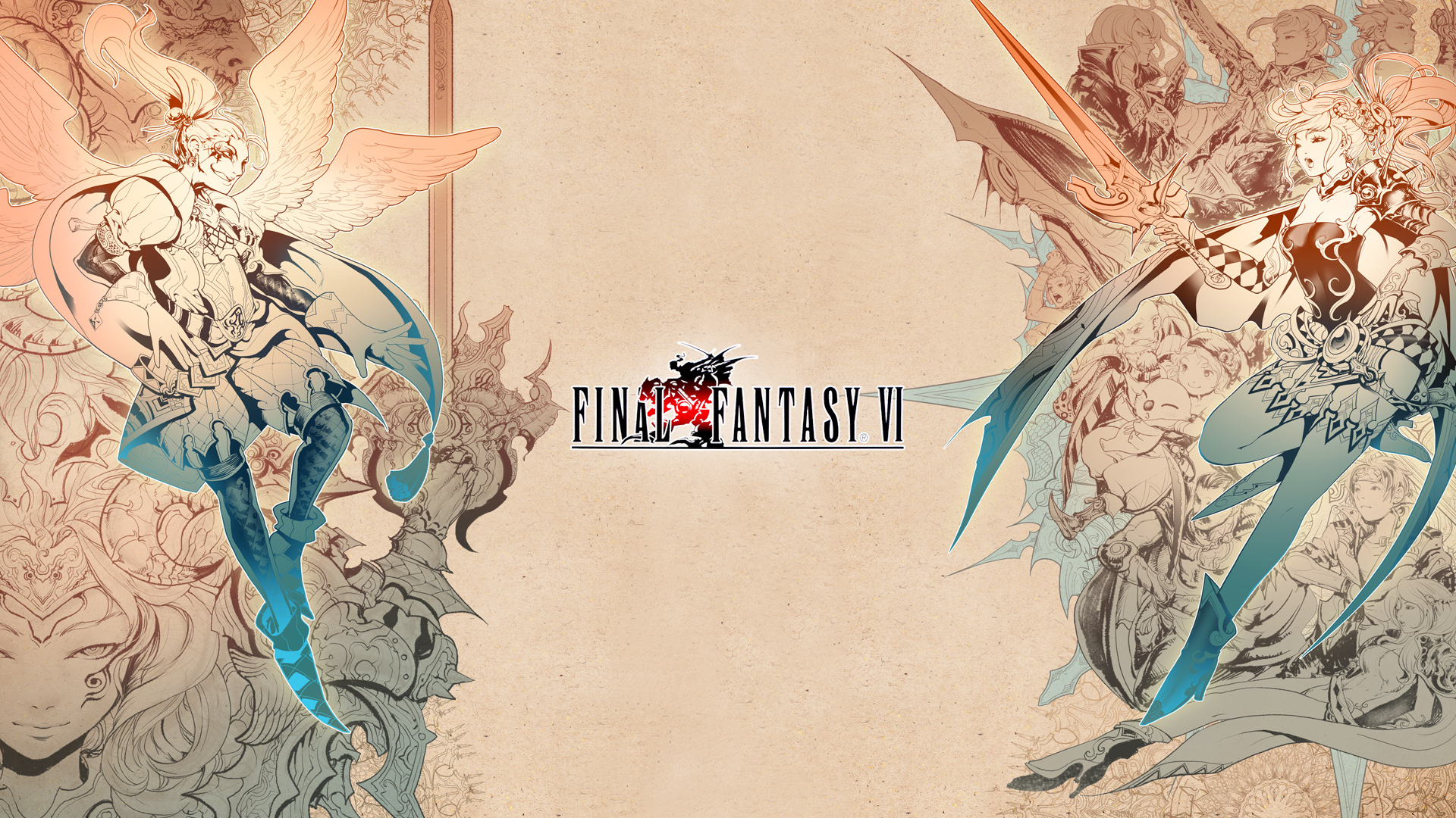 Visuel de Final Fantasy VI sur fond parchemin, avec le logo du jeu au centre. Deux personnages ailés en tenues fantastiques encadrent la composition, entourés de nombreuses illustrations de personnages et créatures dessinées dans des tons sépia, orange et bleu.