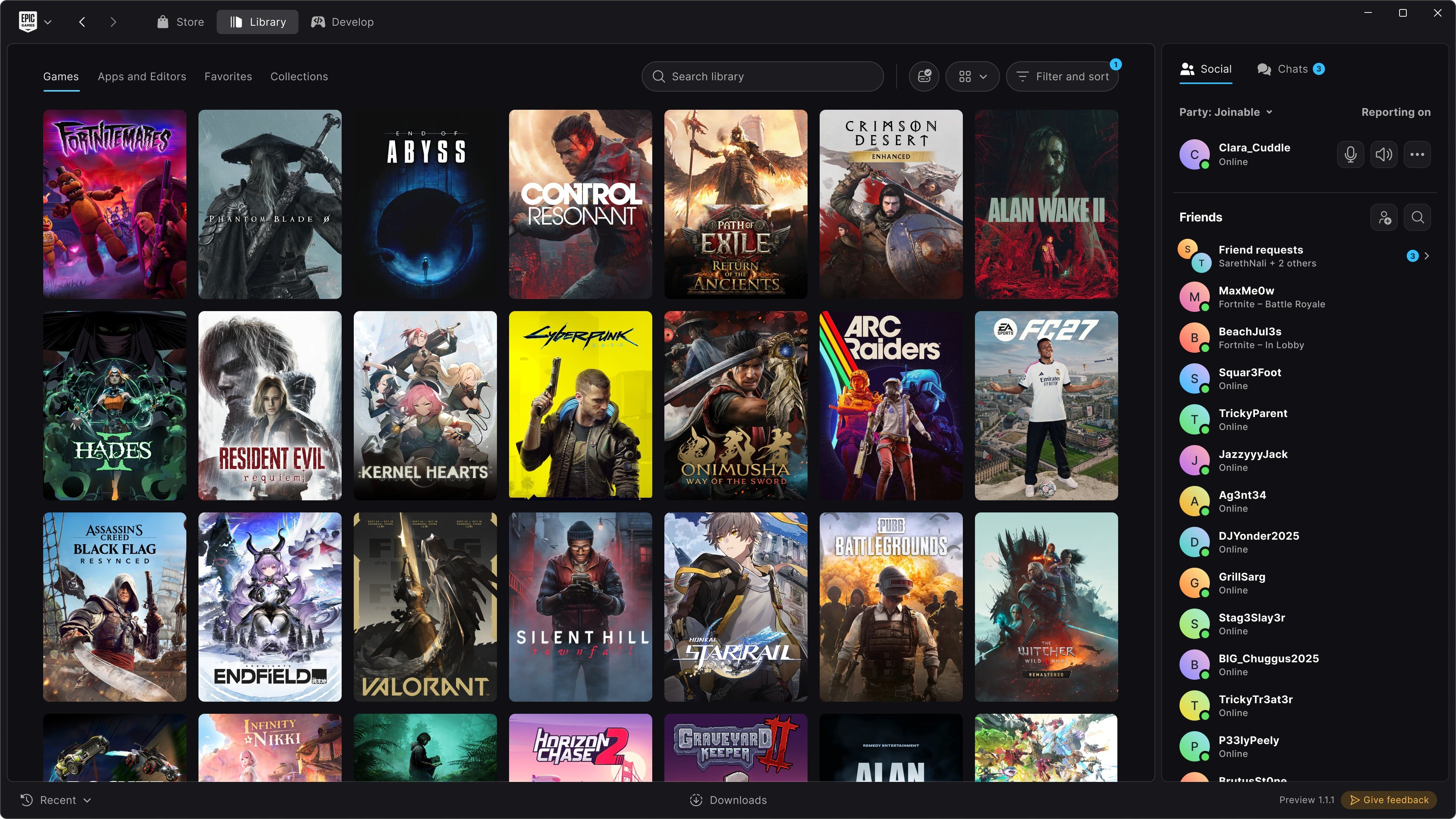 Montage de quatre captures de la nouvelle interface de l’Epic Games Store sur PC : gestion des téléchargements, fiche du jeu End of Abyss, collections personnalisées et bibliothèque affichant de nombreuses jaquettes de jeux, avec un panneau social listant les amis en ligne.
