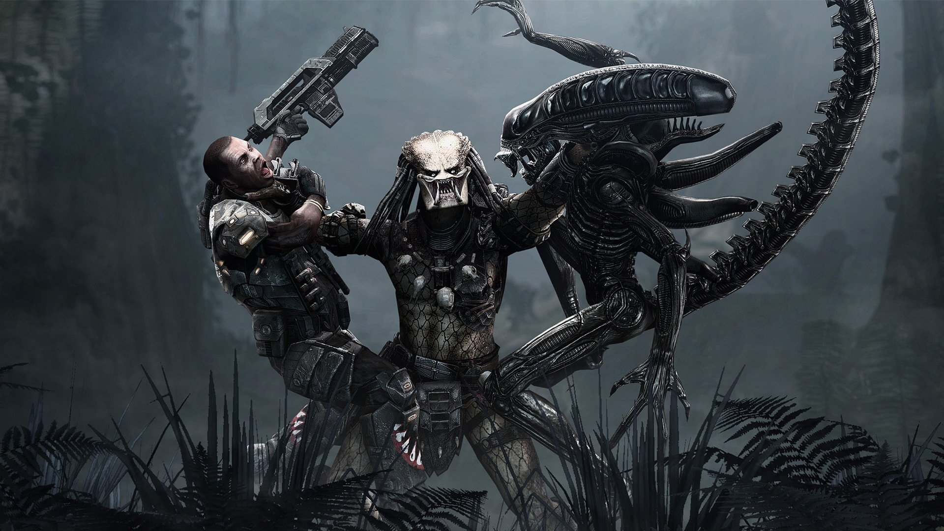 Visuel d’Aliens vs. Predator montrant un Predator au centre, agrippant un soldat humain armé tout en affrontant un Xénomorphe noir. La scène se déroule dans un environnement sombre et brumeux, entouré de végétation.
