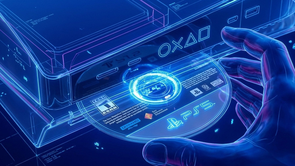 Illustration futuriste d’une console PlayStation 5 avec son lecteur de disque ouvert, tandis qu’une main insère ou retire un disque PS5. Le visuel aux tons bleu néon met en évidence le lecteur, le disque et les symboles emblématiques des touches PlayStation.