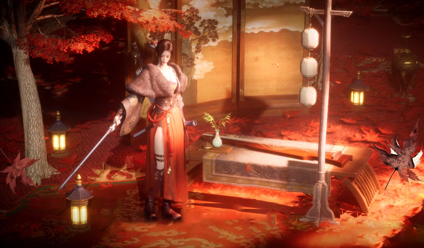 Capture de jeu montrant une guerrière armée d’une longue épée dans un décor d’inspiration asiatique baigné de lumière rouge, entourée d’érables aux feuilles écarlates, de lanternes et d’un mobilier traditionnel.