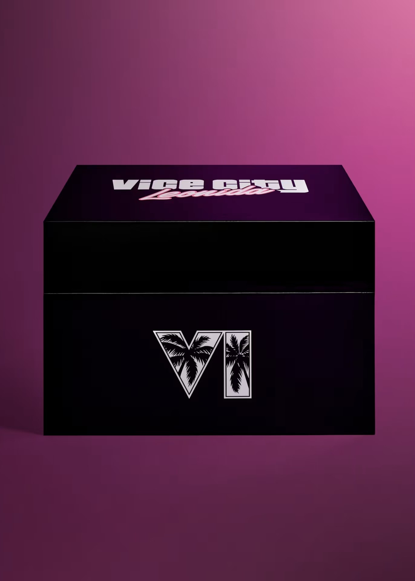 Boîte noire sur fond dégradé rose et violet, portant le logo Vice City Leonida sur le couvercle et un grand VI décoré de silhouettes de palmiers sur la face avant.
