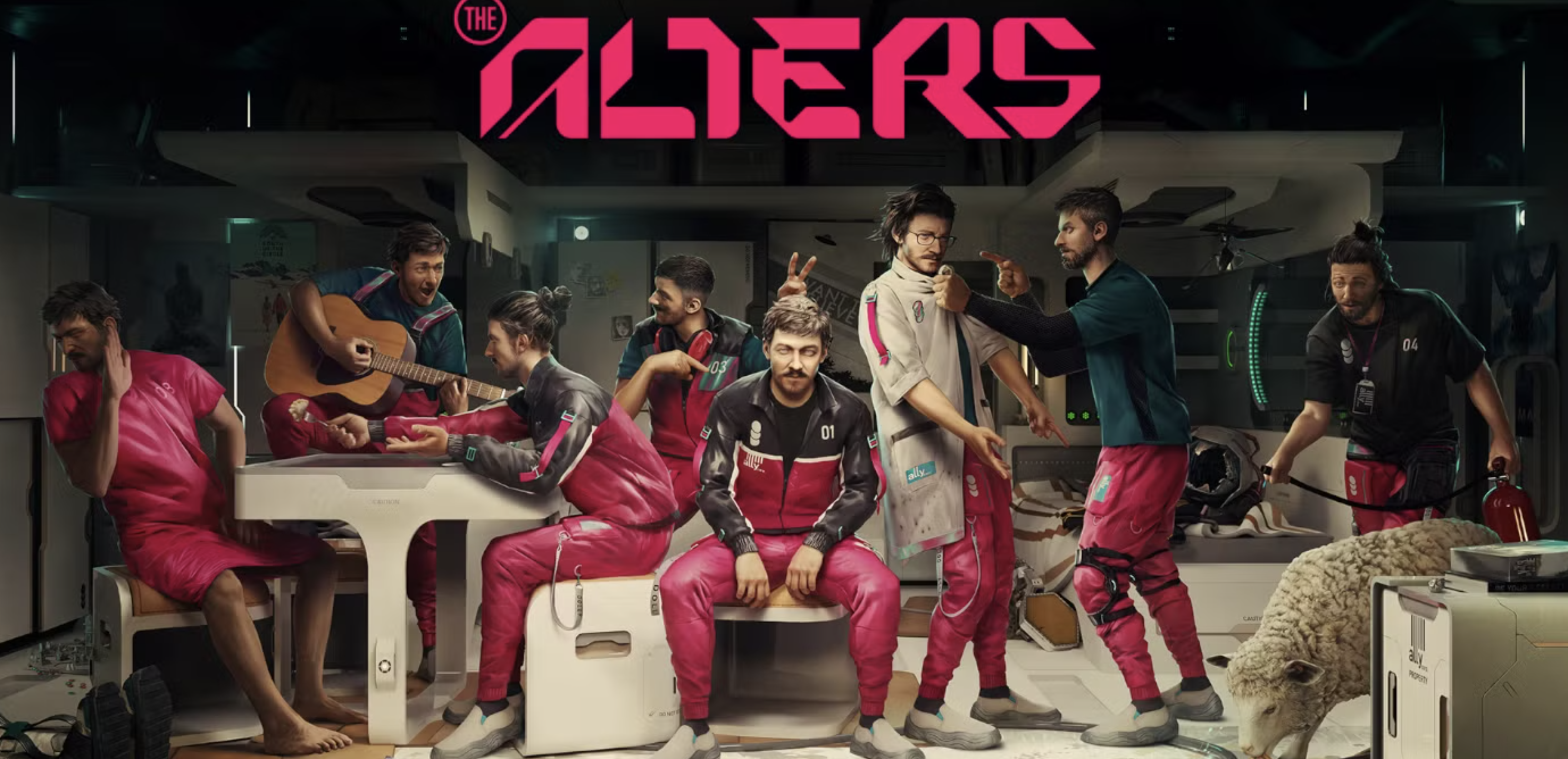This looks like a promotional image for The Alters, a sci-fi series or game. The image shows several versions of the same person in a futuristic setting, each engaging in different activities such as playing guitar, chatting, or pointing. The character wears a distinctive red and pink jumpsuit, suggesting a unique team or group identity. There's also a sheep, which adds an unexpected and possibly humorous touch. The design, with its neon pink lettering and futuristic technology in the background, hints at a high-tech environment. It's an interesting visual representation of the concept of multiple versions of a person existing in a shared space.