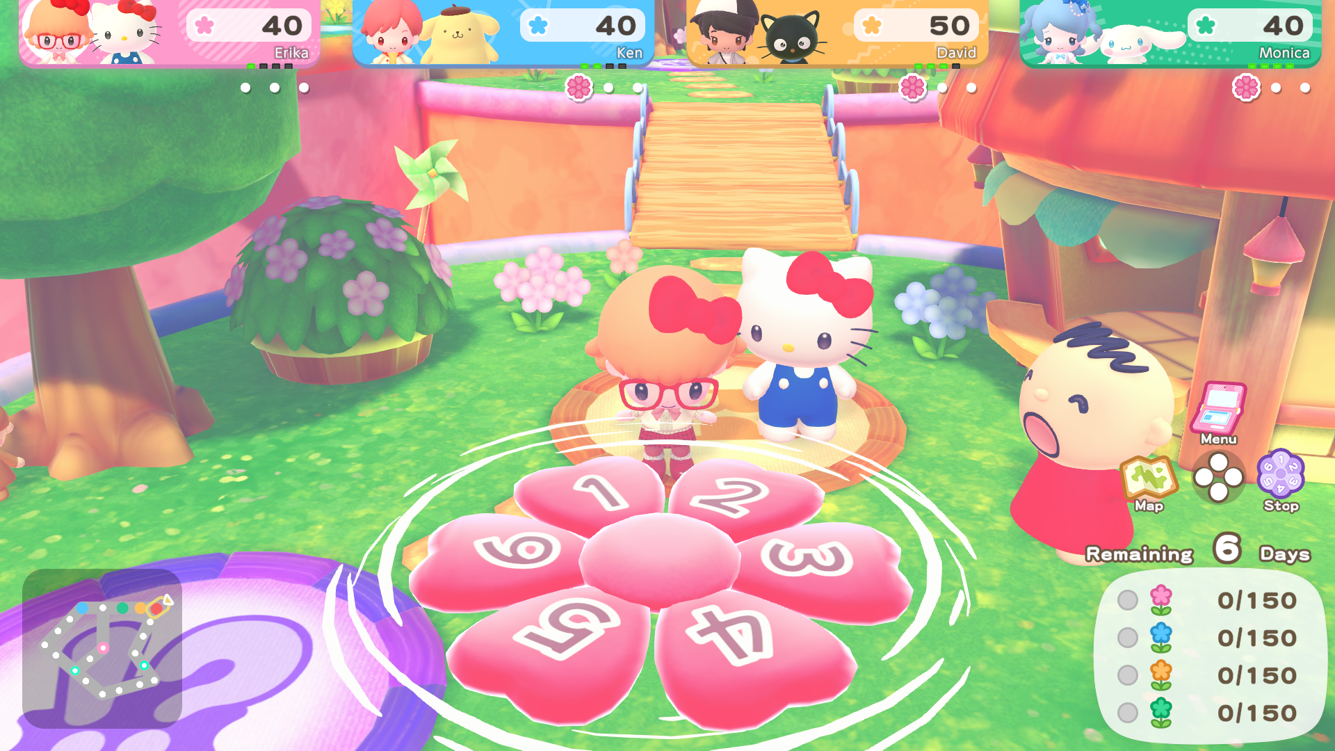 Capture d’écran de Hello Kitty Party Land montrant Hello Kitty et plusieurs personnages Sanrio dans un décor coloré de jardin féerique. L’interface de jeu affiche les scores de quatre joueurs, un plateau en forme de fleur numérotée, la carte, les objectifs et les 6 jours restants.