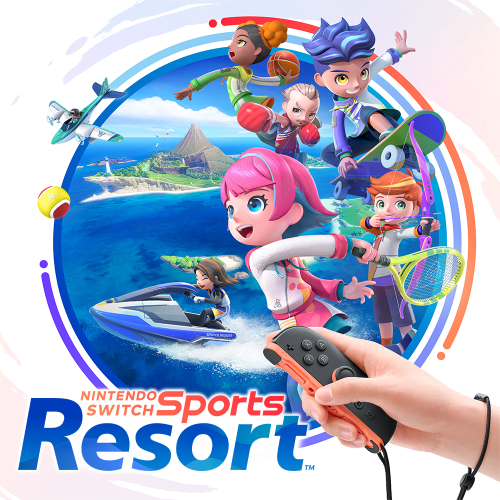 Illustration promotionnelle de Nintendo Switch Sports Resort montrant plusieurs personnages pratiquant différents sports sur une île tropicale, avec tennis, basket, boxe, skateboard, jet-ski et avion. Le logo du jeu apparaît en bas, accompagné d’une main tenant un Joy-Con orange pour souligner le gameplay au mouvement.