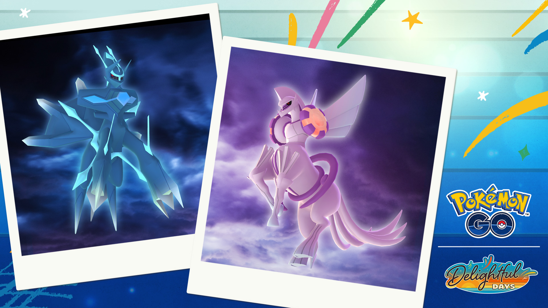 Affiche promotionnelle Pokémon GO : deux polaroids côte à côte. À gauche, Dialga Forme Originelle, bleu et anguleux, dans un ciel orageux ; à droite, Palkia Forme Originelle, violet rosé et ailé, sur fond de nuages pourpres. Logos « Pokémon GO » et « Delightful Days » en bas à droite, avec motifs colorés sur fond bleu.