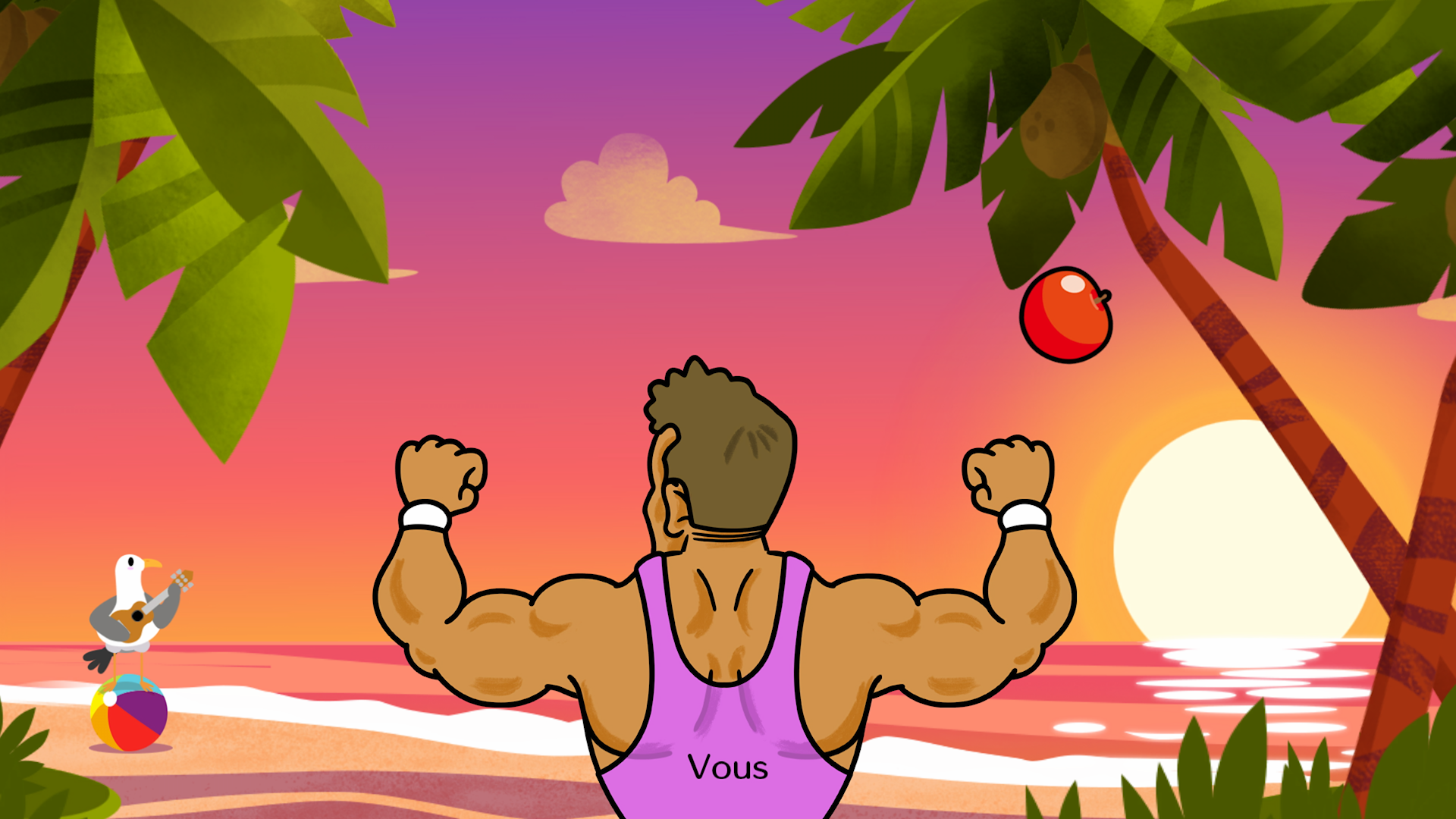 Capture de gameplay d’un jeu au style cartoon montrant le joueur, identifié par le texte « Vous », vu de dos sur une plage tropicale au coucher du soleil. Un personnage très musclé lève les bras tandis qu’une pomme rouge flotte devant lui, avec des palmiers, l’océan, un soleil à l’horizon et une mouette jouant de la guitare perchée sur un ballon de plage en arrière-plan.