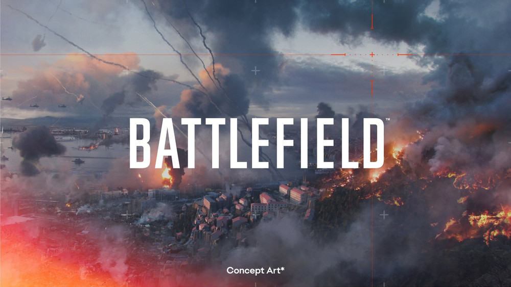 L'image présente un concept art spectaculaire du jeu Battlefield. En arrière-plan, une ville en ruines est plongée dans le chaos, avec des explosions massives dévastant les bâtiments. Des colonnes de fumée noire s'élèvent dans le ciel, créant une atmosphère apocalyptique. On peut voir des hélicoptères et des avions de guerre dans les airs, ajoutant à la tension de la scène. Des incendies font rage sur le côté droit de l'image, avec des flammes éclatantes et des débris en suspension. La scène est encadrée par un réticule de visée, soulignant l'intensité du conflit. Le titre BATTLEFIELD est affiché en grand, avec une police de caractères blanche imposante, centrée sur l'image, tandis qu'en bas, la mention Concept Art indique qu'il s'agit d'un aperçu artistique du jeu. Le mélange de destruction, de feu et de fumée donne un aperçu de l'ampleur de l'action dans l'univers de Battlefield.