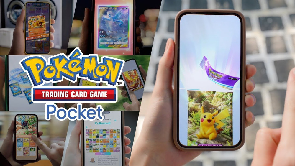 Montage promotionnel du jeu mobile « Pokémon Trading Card Game Pocket ». Au centre, des mains tiennent un smartphone devant un pavage gris ; à l’écran, une animation d’ouverture de booster numérique avec un sachet violet « Pokémon » rayonnant de lumière, puis l’apparition d’une carte mettant en scène un Pikachu jaune en 3D dans un décor de mousse et de rochers. Autour de cette scène centrale, plusieurs vignettes montrent d’autres écrans de téléphone : en haut à gauche, une carte orange avec du texte allemand « Feuerroter Sturm » ; en haut au centre, une carte brillante avec texte japonais ; à droite, une main fait défiler des cartes sur un téléphone ; en bas à gauche, une autre main interagit avec une carte en plein écran ; en bas au centre, un écran de collection affiche une grille de nombreuses cartes avec l’intitulé « Collected! ». Superposé sur le montage, le grand logo officiel « POKÉMON » en jaune et bleu, le cartouche rouge « TRADING CARD GAME », puis le mot « Pocket » en blanc annoncent clairement le titre. L’ensemble met en avant les fonctionnalités clés du jeu : ouverture de boosters virtuels, cartes à collectionner numériques, interface mobile tactile et présentation de Pokémon iconiques, avec un focus visuel sur Pikachu. Mots-clés SEO : Pokémon TCG Pocket, jeu mobile, cartes à collectionner, ouverture de boosters, collection numérique, Pikachu, iOS/Android, AR/3D